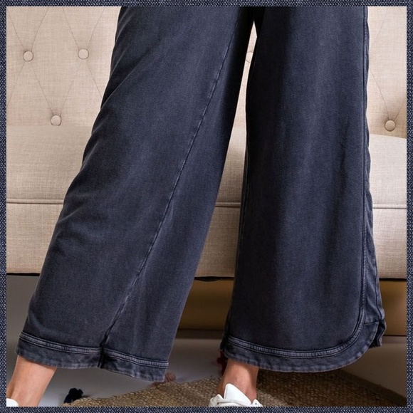 EASEL "So Comfy" Mineral Washed Pants Cotton Terry Side Leg Detail Elastic Waist - Picture 13 of 16
